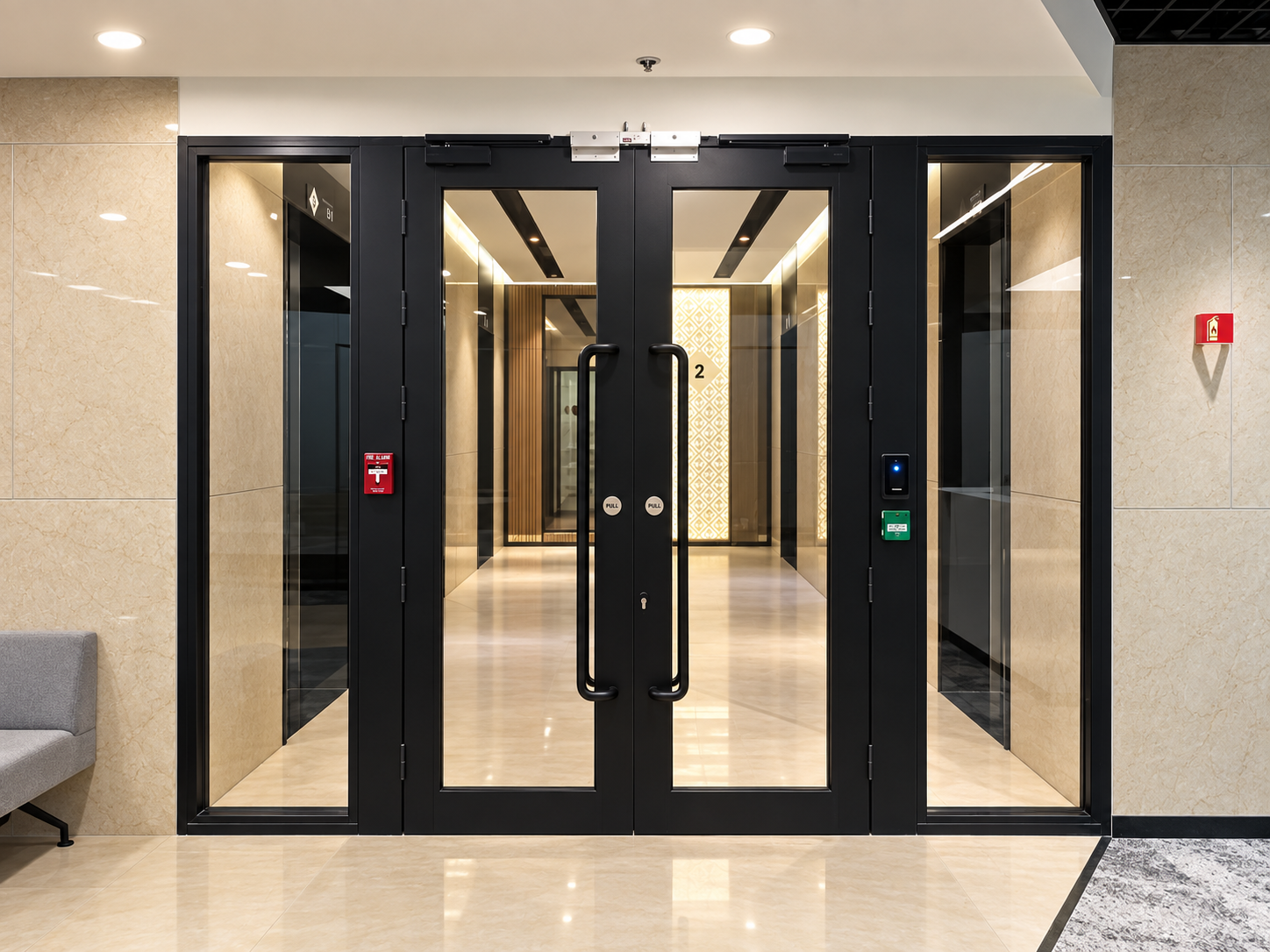 Black-framed glazed double doors in a polished lobby