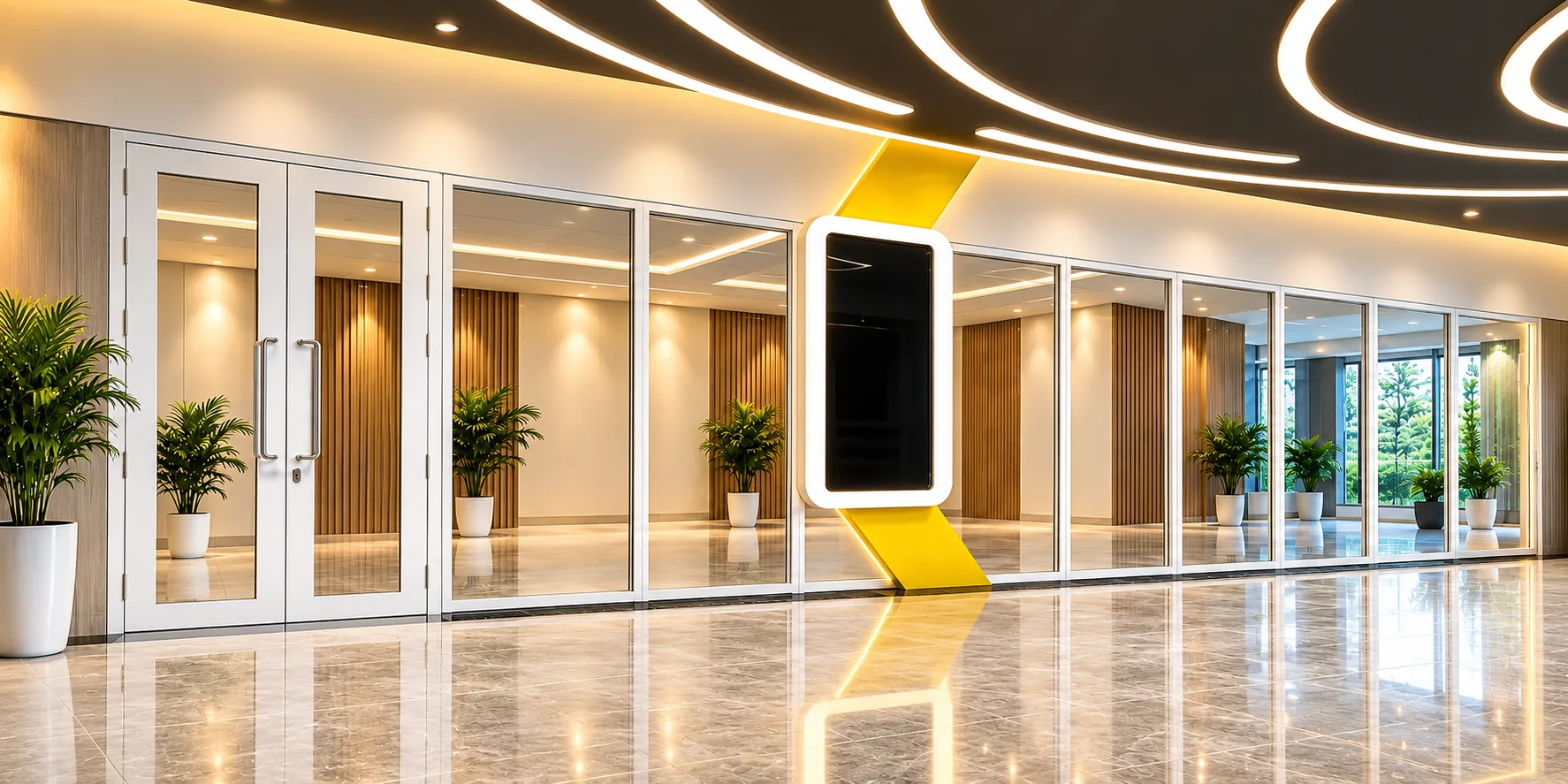 Glazed doors and glass partitions in a modern office lobby